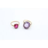 2x 9ct gold amethyst & paste solitaire dress rings (6.8g)