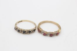 2 x 9ct gold vintage gemstone & diamond dress rings inc. sapphire & ruby (3.5g)