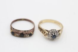 2 x 9ct gold vintage sapphire & diamond five stone rings inc. gypsy setting (5.2g)