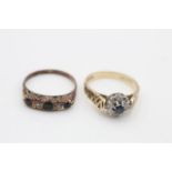 2 x 9ct gold vintage sapphire & diamond five stone rings inc. gypsy setting (5.2g)