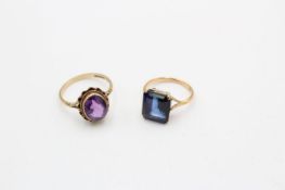 2 x 9ct gold vintage gemstone solitaire dress ring inc. amethyst & synthethic sapphire (5.9g)