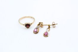 2 x 9ct gold gemstone jewellery inc. garnet, synthetic ruby, ring, earrings (2.7g)