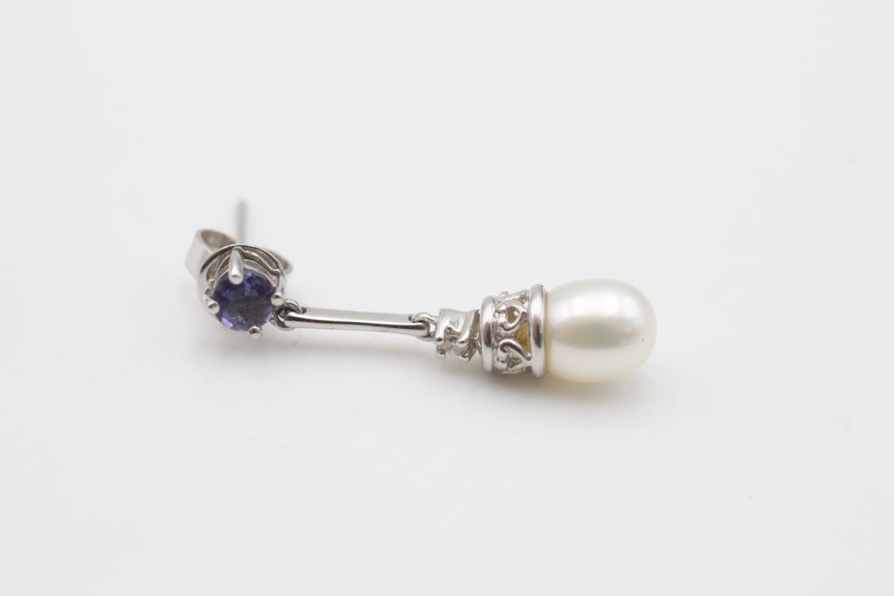 9ct gold cultured pearl & iolite drop earrings (2.9g) - Image 2 of 4