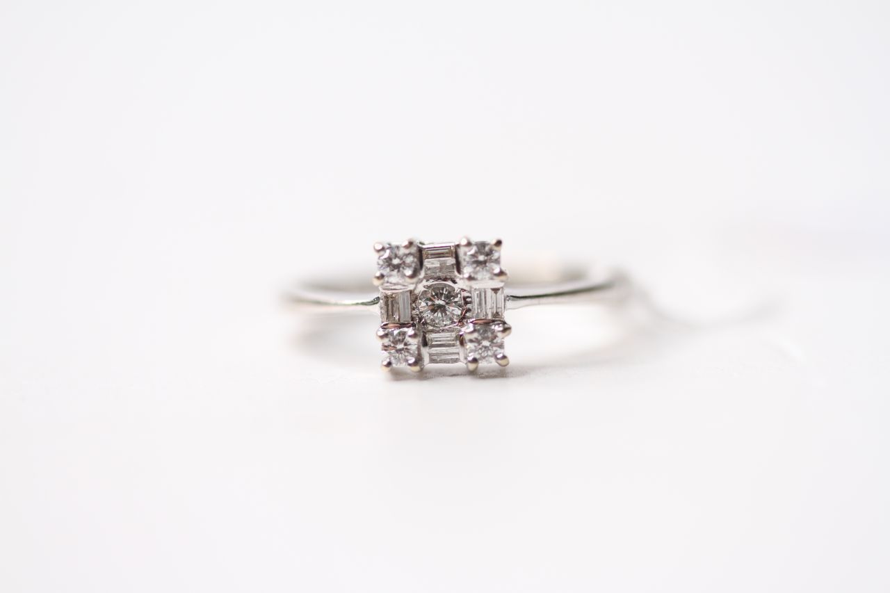 Diamond Square Cluster Ring, set with baguette and round brilliant cut diamonds, 18ct white gold,