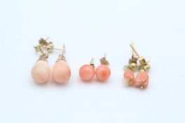 3 x 9ct gold vintage paired coral earrings inc. stud & drop (3.6g)