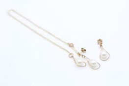 2 x 9ct gold vintage faux pearl drop earrings & necklace set (1.5g)
