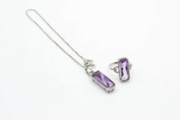 9ct white gold amethyst & diamond halo pendant necklace and halo ring demi parure (8.1g)