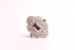 9ct white gold fancy deco ring red centre stone
