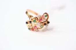 Diamond, Ruby & Sapphire Set Ring, stamped 18ct yellow gold, size N1/2, 3g.