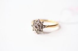Diamond Cluster Ring, stamped 18ct yellow gold, size O, 3.78g