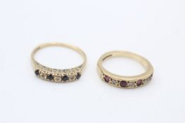 2 x 9ct gold vintage gemstone & diamond seven stone gypsy setting rings inc. sapphire & ruby (3.7g)