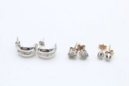 3 x 9ct gold paired diamond earrings inc. stud & half-hoop (3.1g)