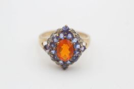 9ct gold vintage fire opal, tanzanite & diamond cluster ring (3.8g), size P1/2