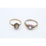 2 x 9ct gold vintage gemstone solitaire rings inc. amethyst & smoky quartz (3.2g)