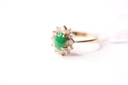 Jade & Diamond Cluster Ring, stamped 18ct yellow gold, size Q, 3.5g.