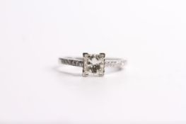 Princess Cut Diamond Ring, diamond set shoulders, stamped 18ct white gold, size O, centre diamond