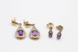 2 x 9ct gold amethyst & diamond earrings inc. studs, drops (2.8g)