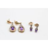 2 x 9ct gold amethyst & diamond earrings inc. studs, drops (2.8g)