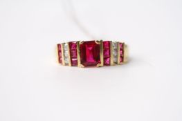 Synthetic Ruby & Diamond Tier Ring, stamped 18ct yellow gold, size Q, 4.9g.