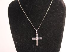 9ct diamond and white gold cross with box chain
