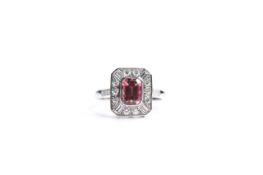Pink Tourmaline & Diamond Tablet Style Ring, platinum, size P.