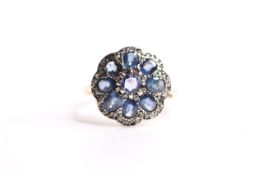 Sapphire & Diamond Flower Ring, umbrella style, silverset, size M.