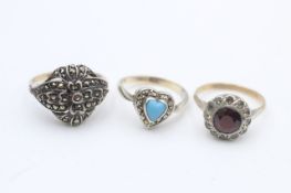 3 x 9ct gold & silver vintage dress rings inc. turquoise, marcasite, garnet (9.6g)