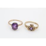 2 x 9ct gold amethyst rings inc. claddagh, dress ring (3.6g)