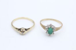 2 x 9ct gold vintage rings inc. diamond, emerald, cluster (2.8g)