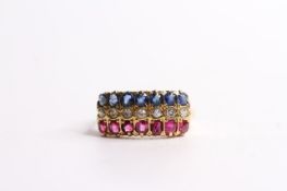Sapphire, Ruby & Diamond Ring, antique style, 18ct yellow gold, size P.
