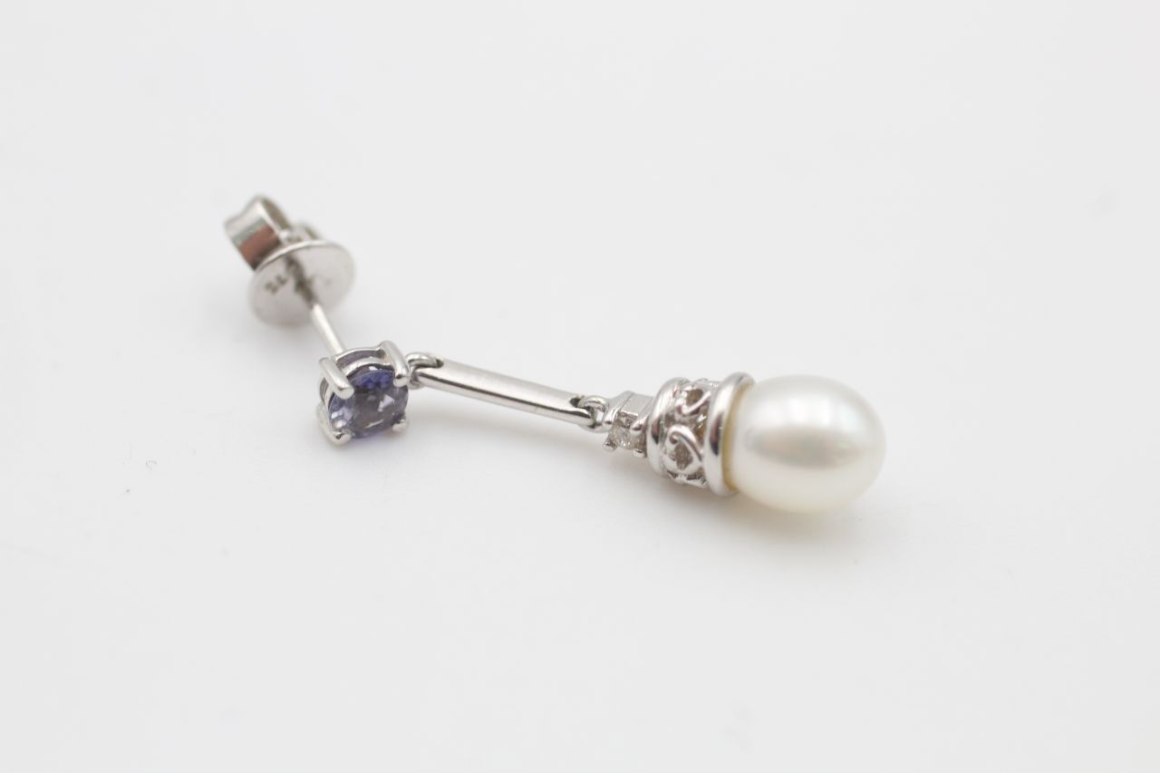 9ct gold cultured pearl & iolite drop earrings (2.9g) - Image 3 of 4