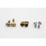 3 x 9ct yellow & white gold paired gemstone stud earrings inc. sapphire & diamond (3.3g)