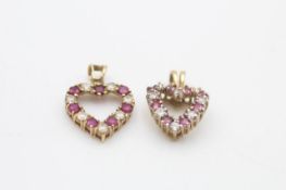 2x 9ct gold ruby & clear gemstone heart pendants (2.6g)