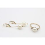 2 x 9ct gold cultured pearl jewellery inc. diamond, ring, drop earrings (6.8g)