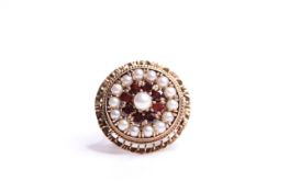 9ct gold pearl and garnet circular cluster ring, size K.