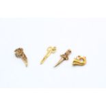 3 x 9ct gold vintage charms inc. synthethic sapphire & ruby set sword, tuba and articulated scissors