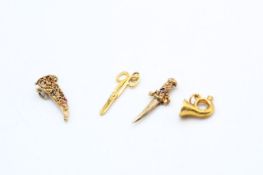 3 x 9ct gold vintage charms inc. synthethic sapphire & ruby set sword, tuba and articulated scissors