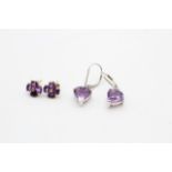 2 x 9ct yellow & white gold paired amethyst earrings inc. stud & drop (4.6g)