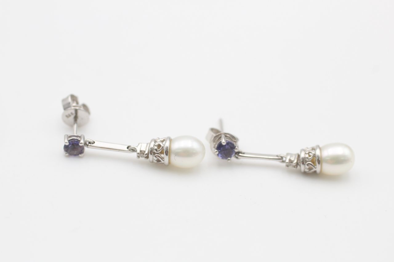 9ct gold cultured pearl & iolite drop earrings (2.9g)