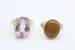 2 x 9ct gold vintage cocktail rings inc. tigers eye, amethyst (9.3g)