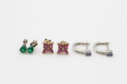 3x 9ct yellow & white gold earrings inc.diamond, ruby, emerald, tanzanite (4g)