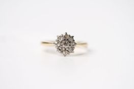 Diamond Flower Cluster Ring, stamped 18ct yellow gold, size P, 3.6g.