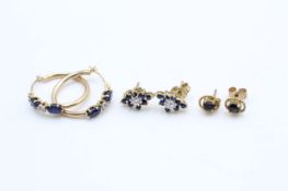 3 x 9ct gold sapphire earrings inc. diamond, studs, hoops (3.4g)