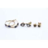 3 x 9ct gold sapphire earrings inc. diamond, studs, hoops (3.4g)