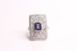 9ct white gold fancy deco ring blue centre stone .