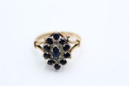 9ct gold vintage sapphire & diamond cluster ornate dress ring (3.6g)