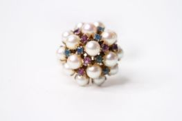 Pearl, Sapphire & Ruby Ring, stamped 14ct yellow gold, size O 1/2, 6.2g.