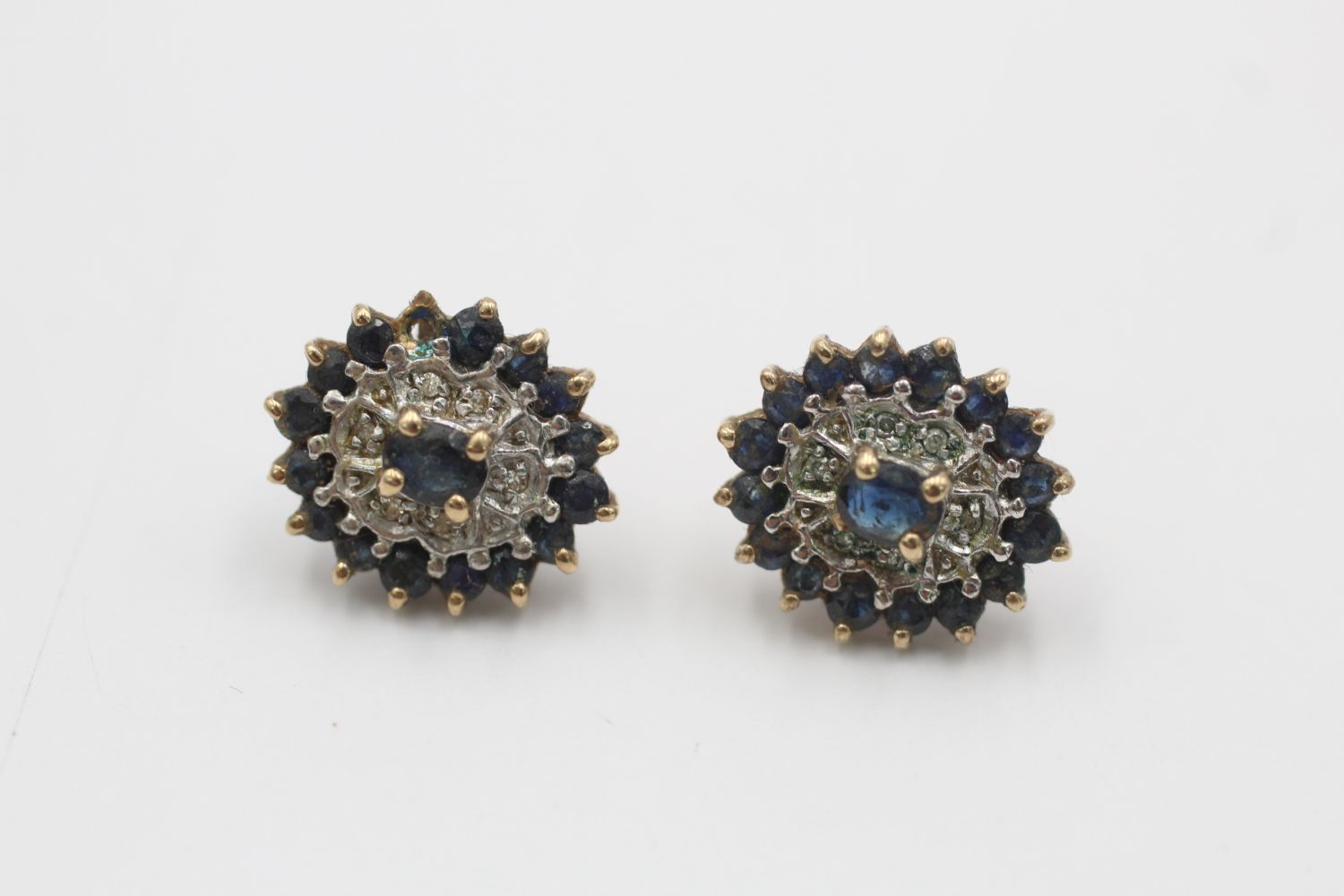 9ct gold vintage sapphire & diamond cluster dress earrings (3.1g)