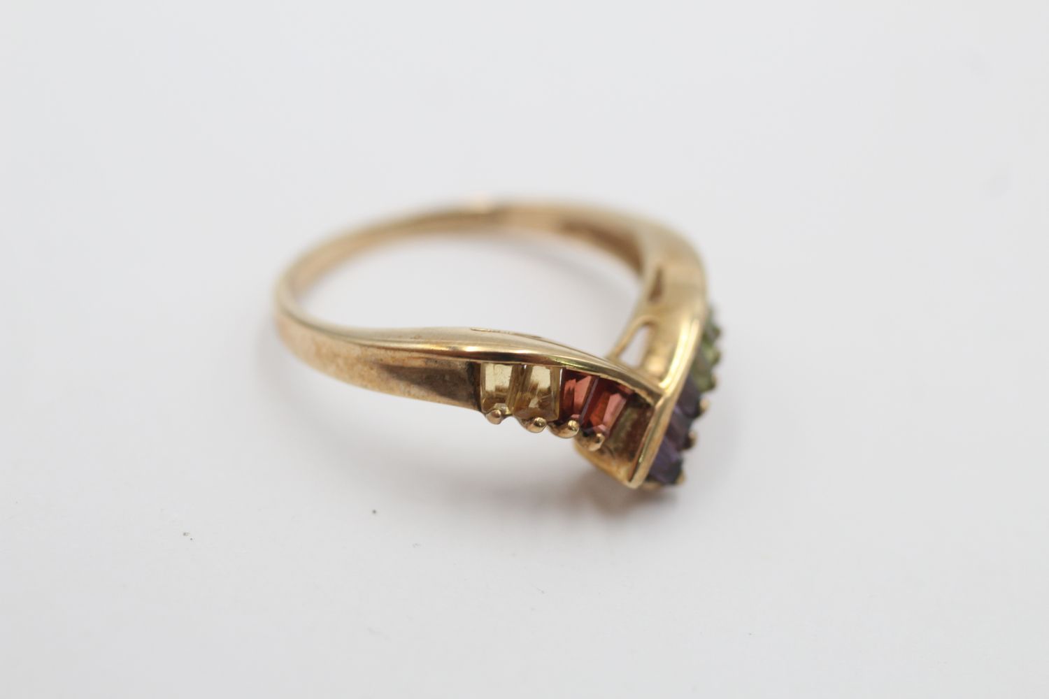 9ct gold vintage citrine, amethyst & prasiolite wishbone ring (2.2g) - Image 2 of 5