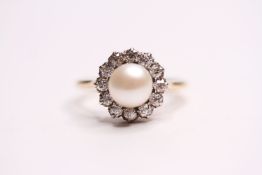 Pearl & Diamond Ring, stamped 18ct yellow gold, size R.